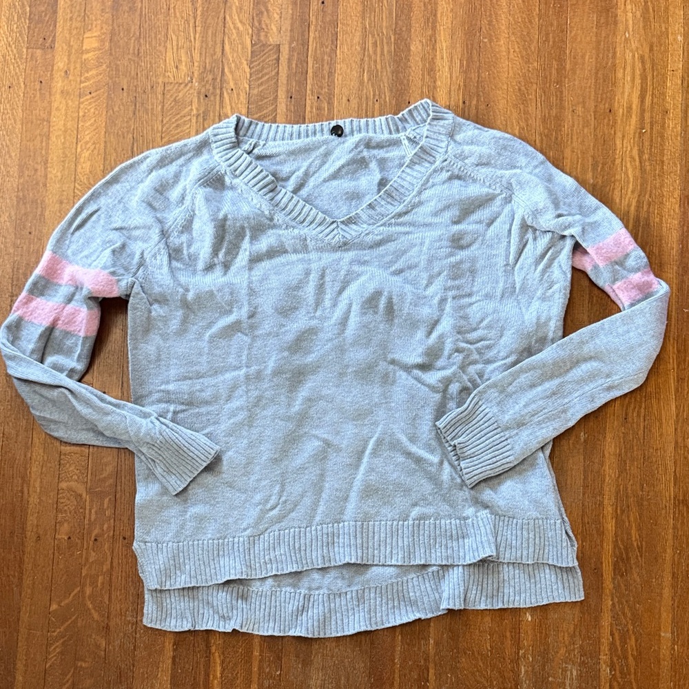 Margaret O'Leary Gray V-Neck Sweater with Pink Stripes